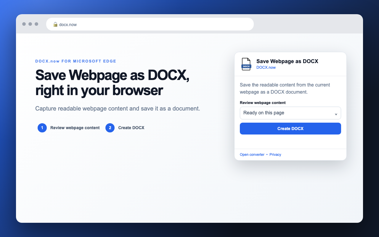 Save Webpage as DOCX interface in Microsoft Edge