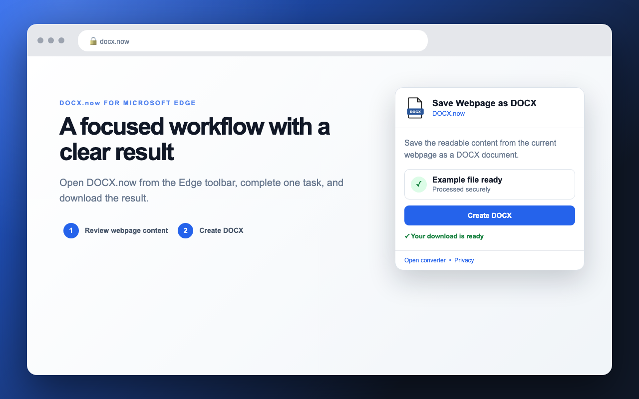 Save Webpage as DOCX result workflow